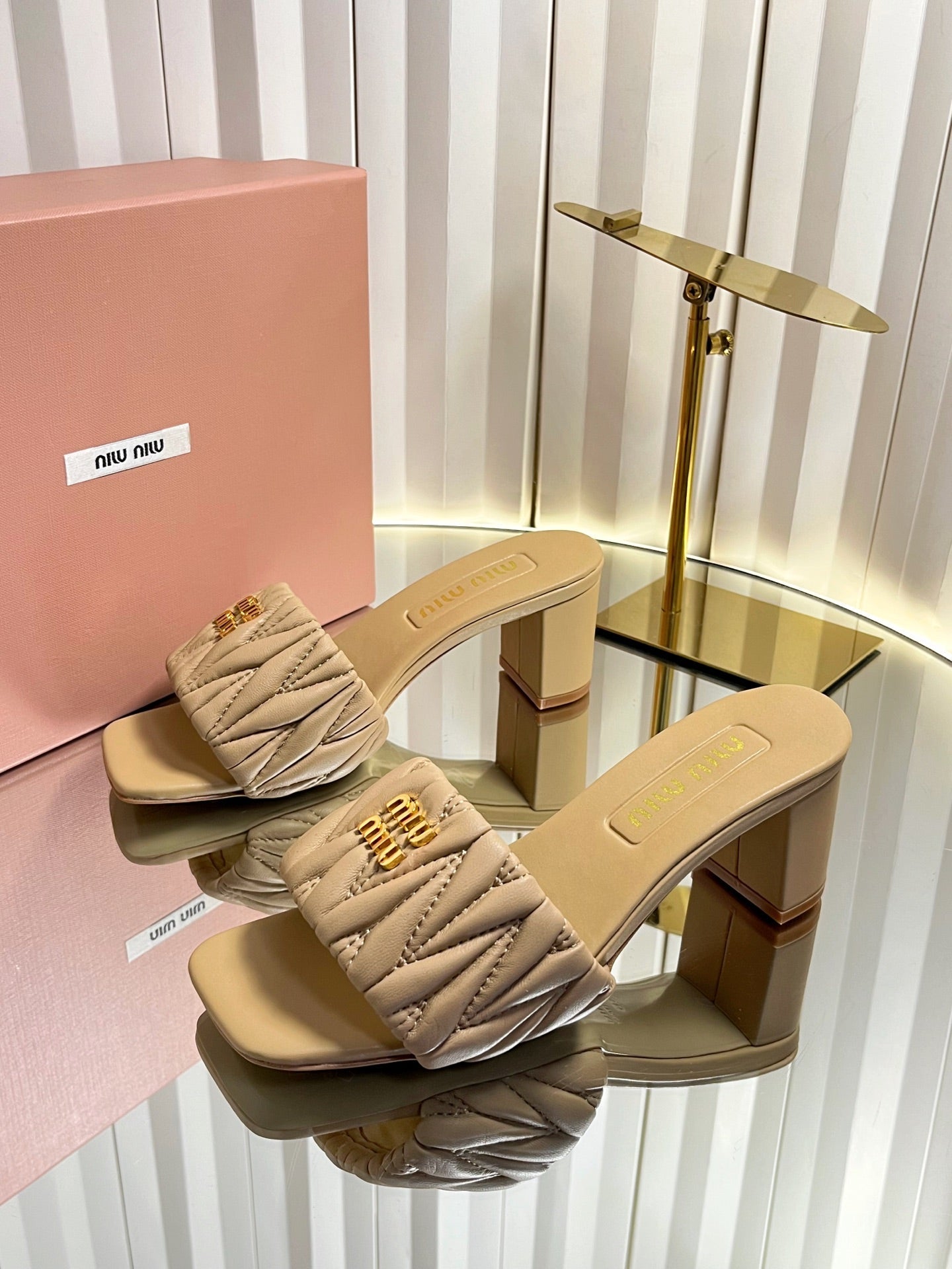 MIUMIU 26S PADDED MATELASSE MULE HEELS 65MM IN BEIGE CALFSKIN GOLD HARDWARE