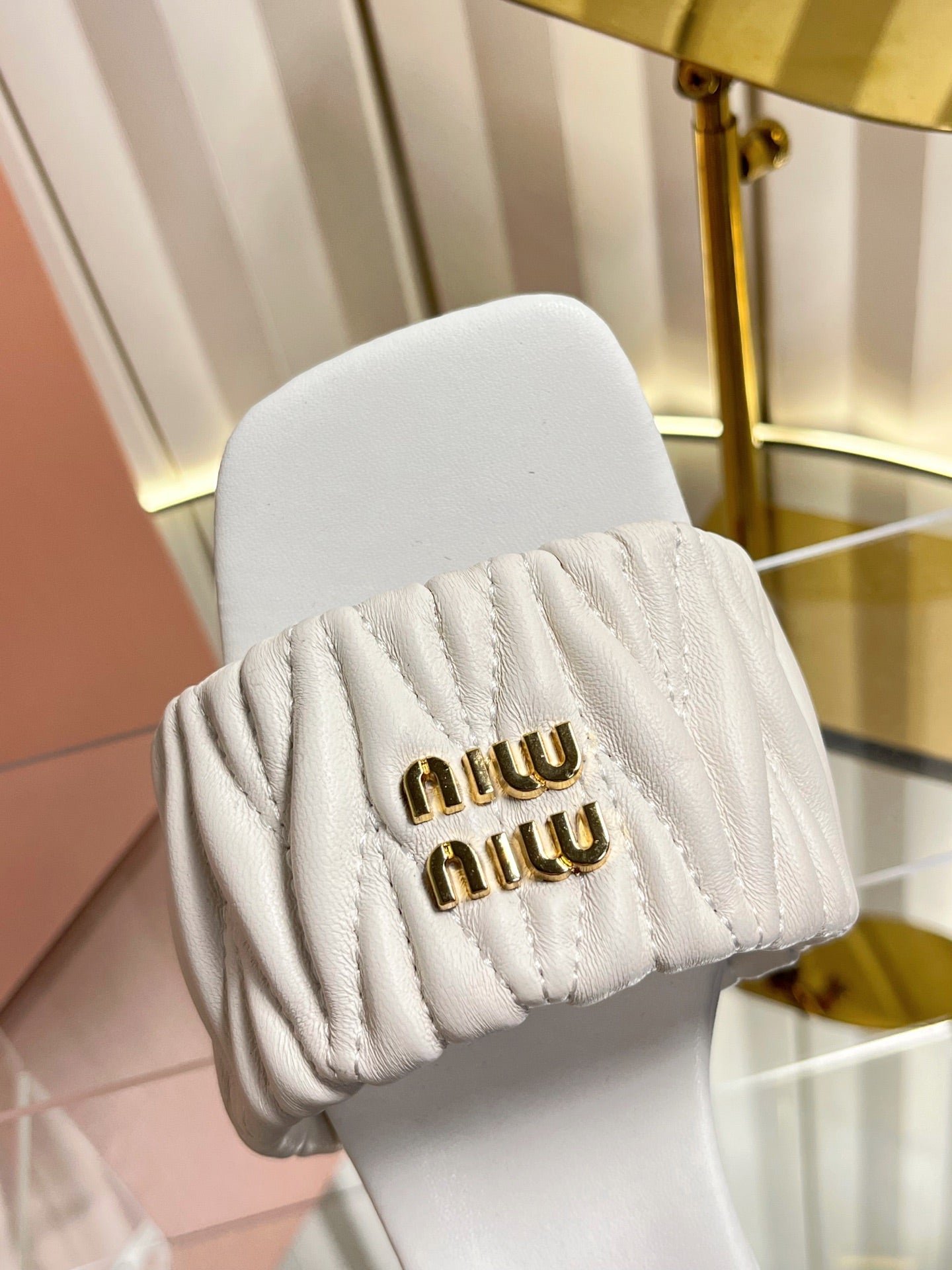 MIUMIU 26S PADDED MATELASSE MULE HEELS 65MM IN WHITE CALFSKIN GOLD HARDWARE