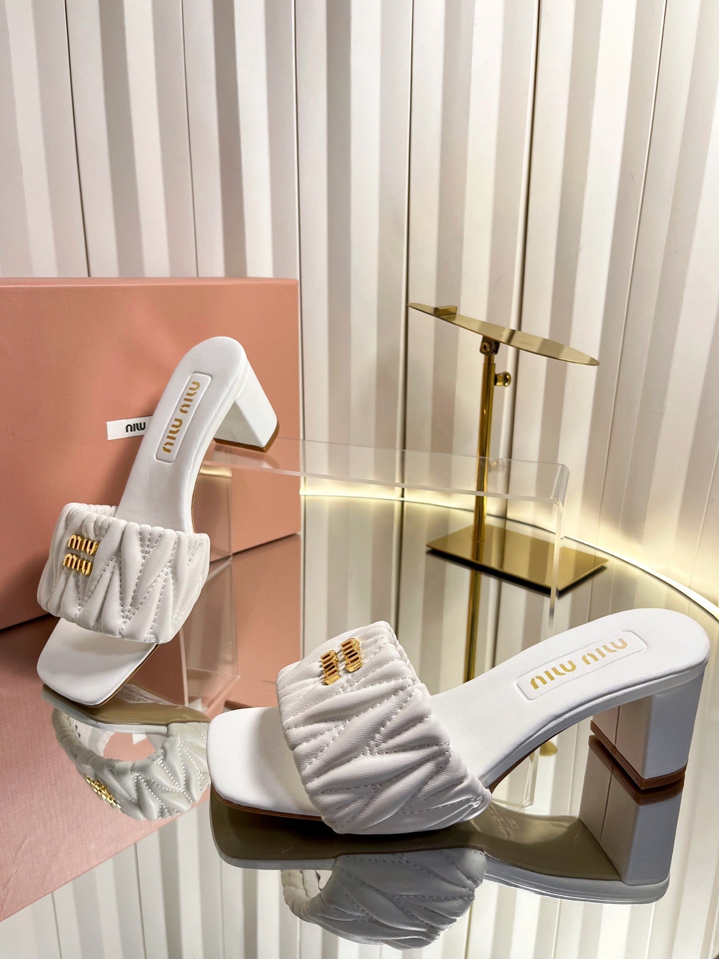 MIUMIU 26S PADDED MATELASSE MULE HEELS 65MM IN WHITE CALFSKIN GOLD HARDWARE