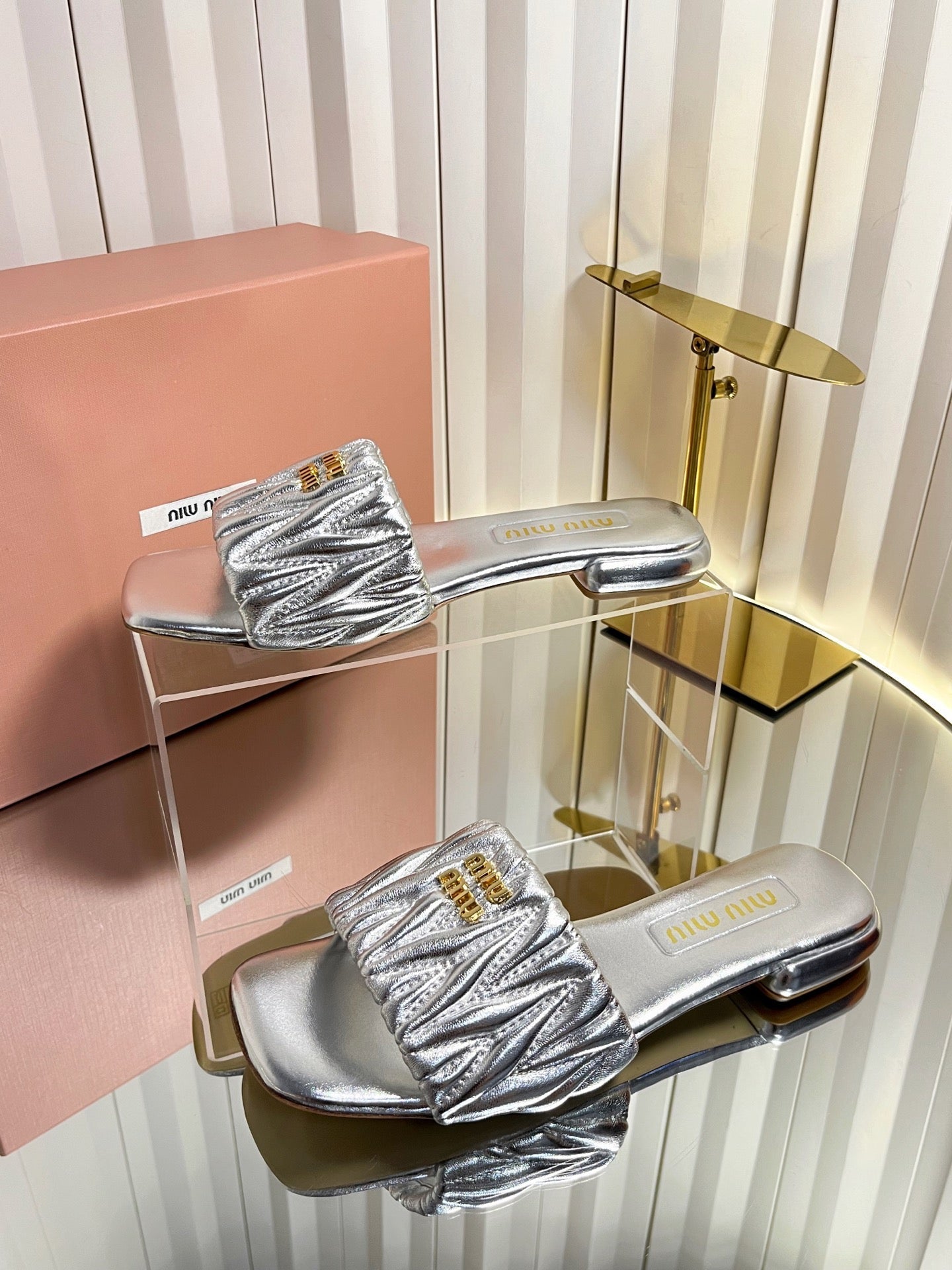 MIUMIU 26S MATELASSE SLIDES IN SILVER CALFSKIN GOLD HARDWARE