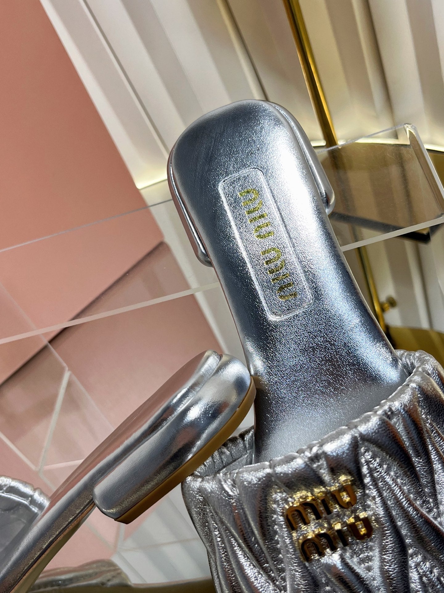 MIUMIU 26S MATELASSE SLIDES IN SILVER CALFSKIN GOLD HARDWARE