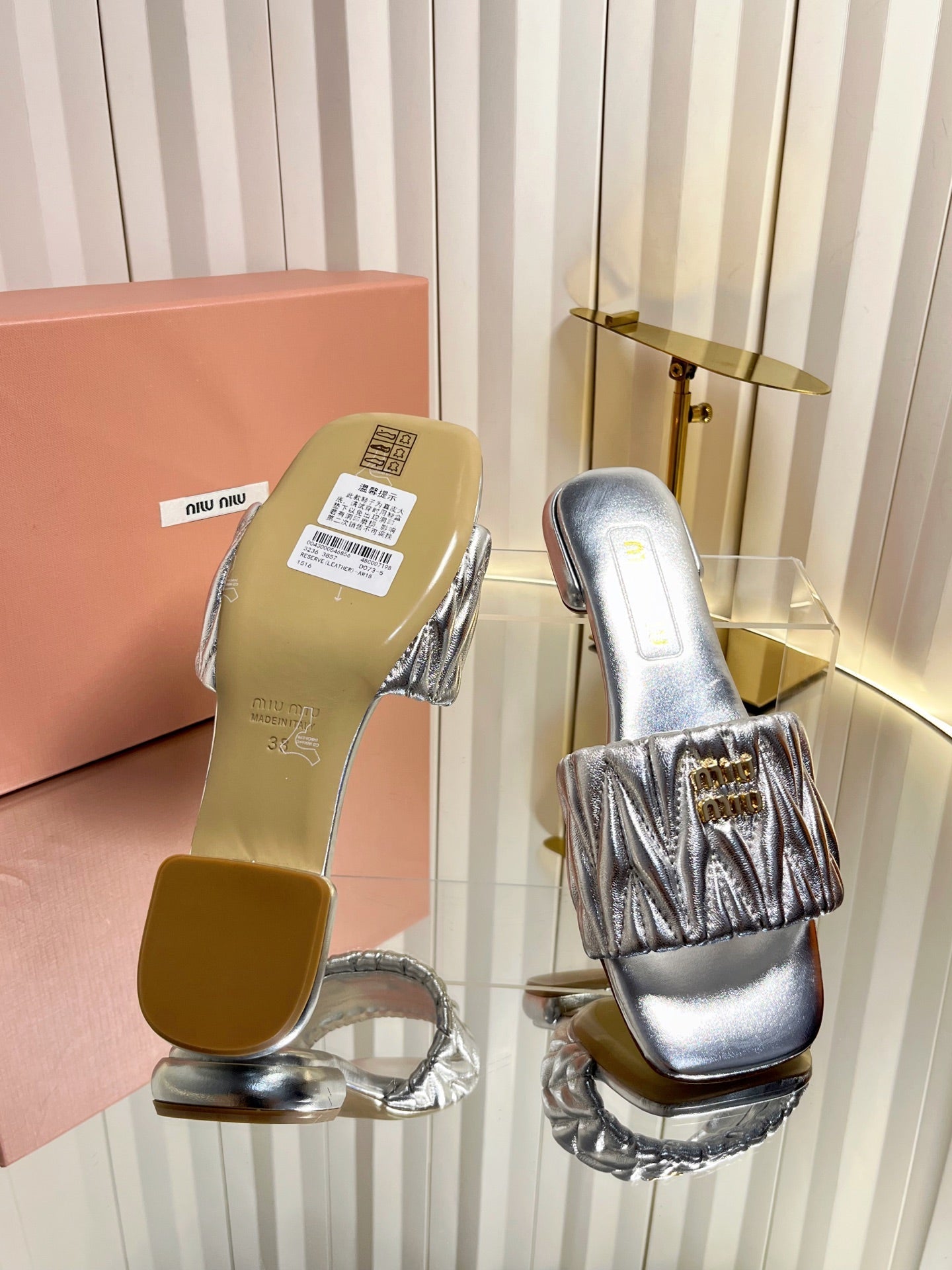 MIUMIU 26S MATELASSE SLIDES IN SILVER CALFSKIN GOLD HARDWARE