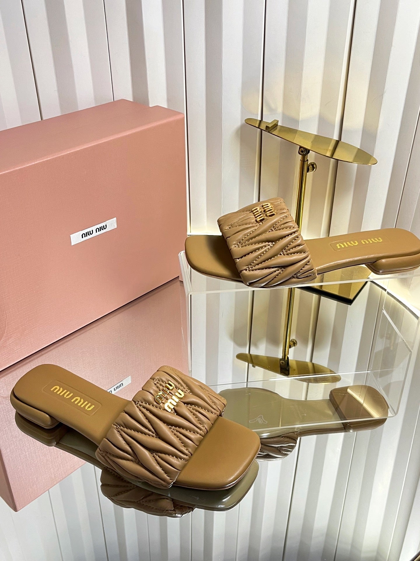 MIUMIU 26S MATELASSE SLIDES IN TAN BROWN CALFSKIN GOLD HARDWARE