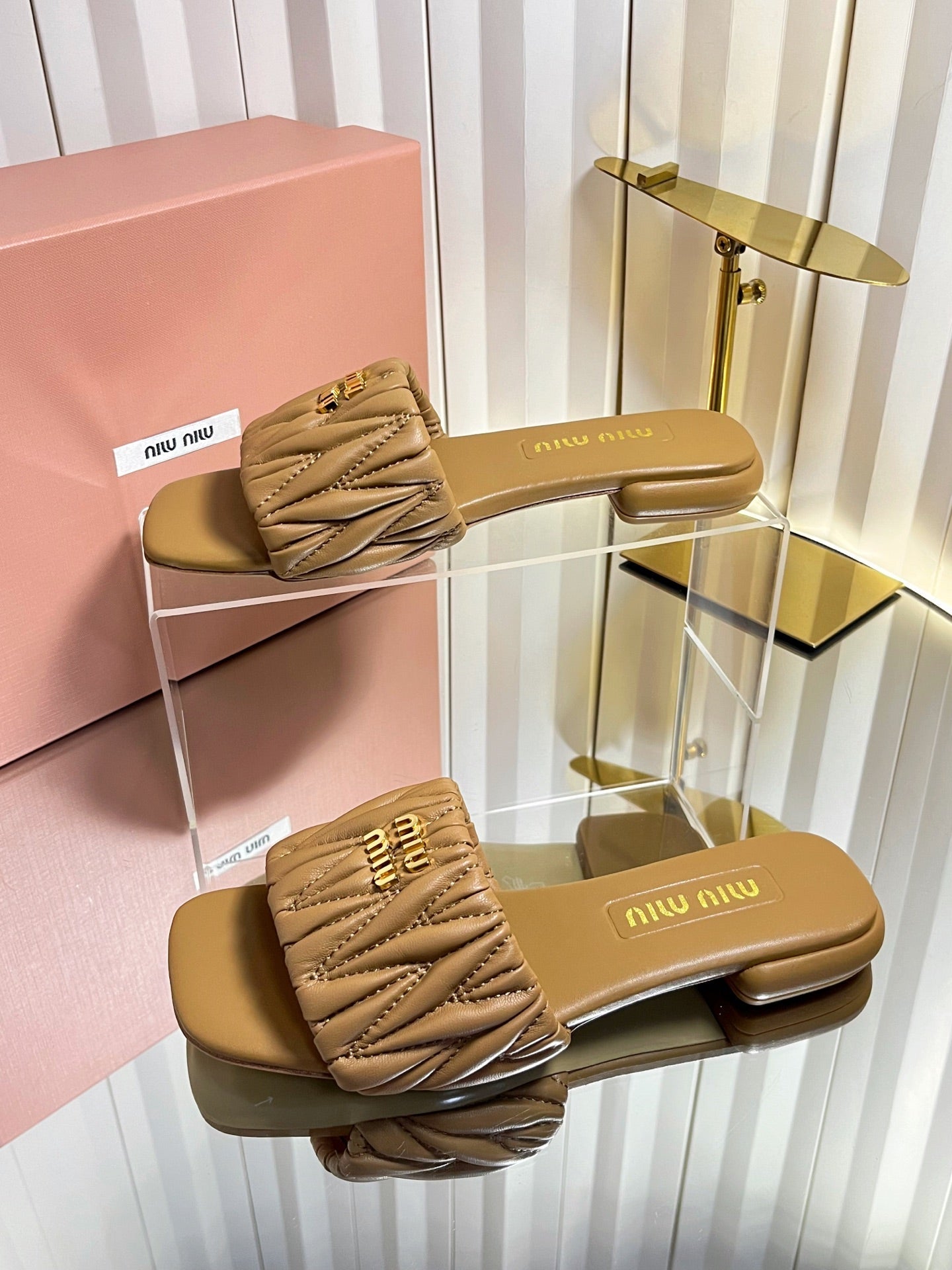 MIUMIU 26S MATELASSE SLIDES IN TAN BROWN CALFSKIN GOLD HARDWARE