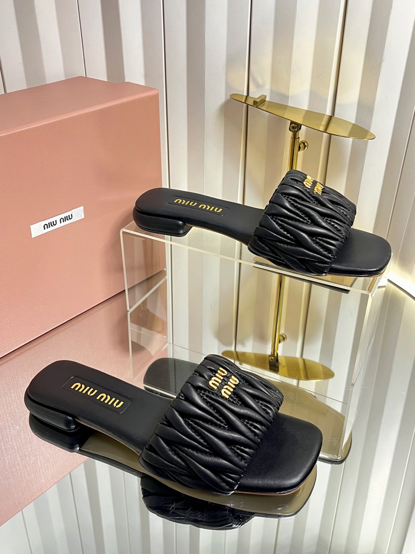 MIUMIU 26S MATELASSE SLIDES IN BLACK CALFSKIN GOLD HARDWARE