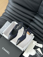 HIGH SLINGBACK IN NAVY BLUE TWEED AND BLACK LAMBSKIN