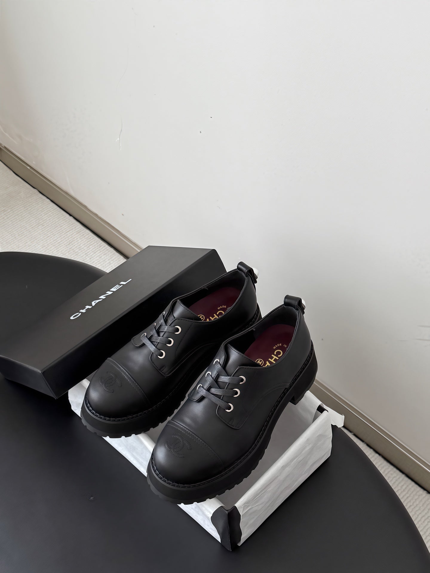 CHANEL 26S LACE UP PLATFORM IN BLACK CALFSKIN