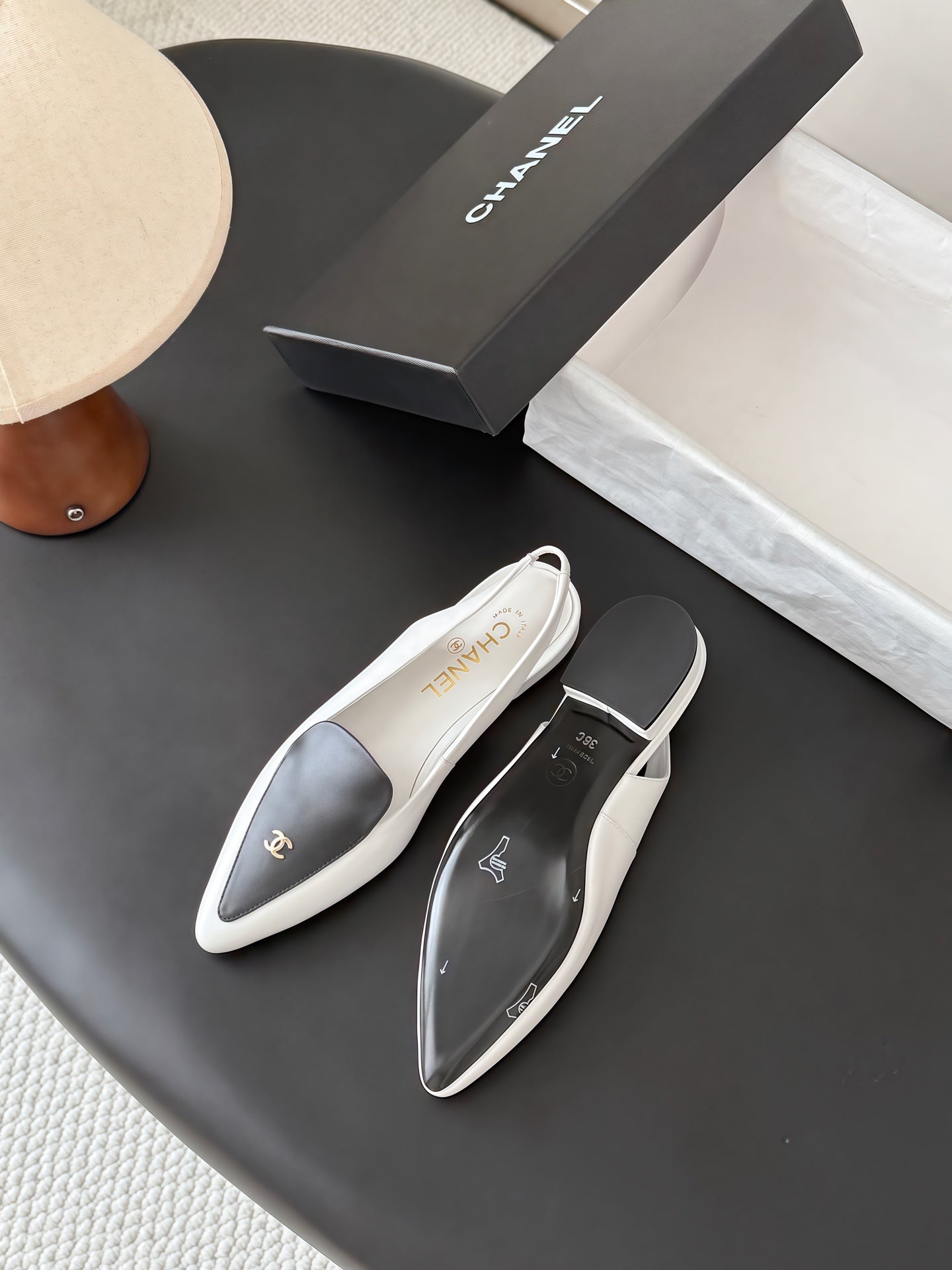 CHANEL 26S SLINGBACK FLAT IN BLACK AND WHITE CALFSKIN