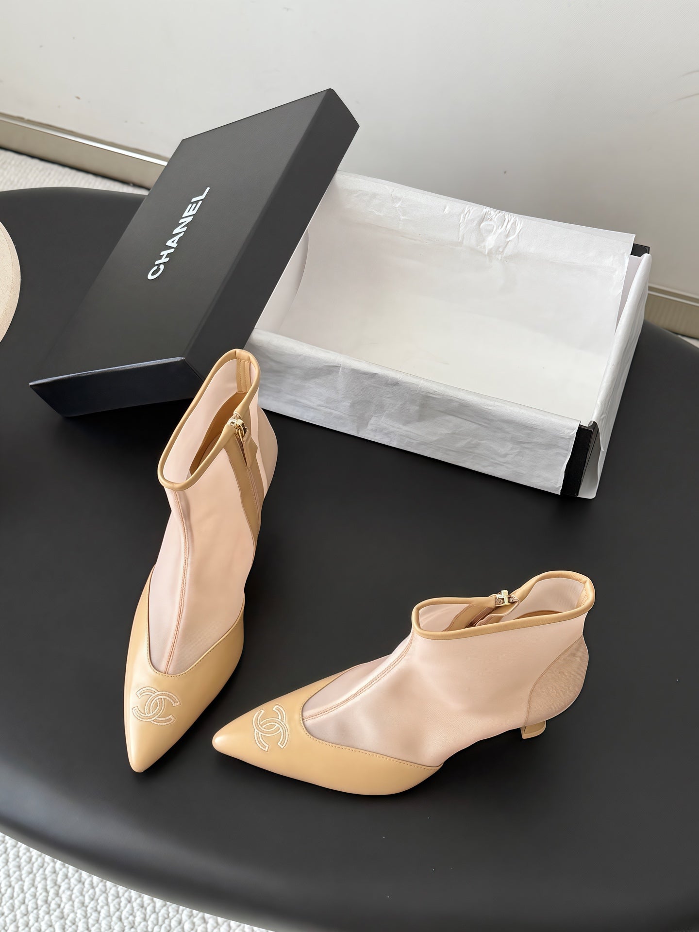 CHANEL 26S ANKLE BOOTS IN BEIGE LAMBSKIN