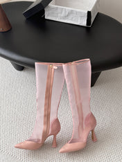 CHANEL 26S THIGH HIGH BOOTS IN LIGHT PINK MESH