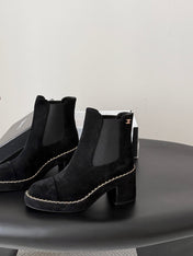 CHANEL 26S CHELSEA ANKLE BOOTS 70 MM IN BLACK SUEDE