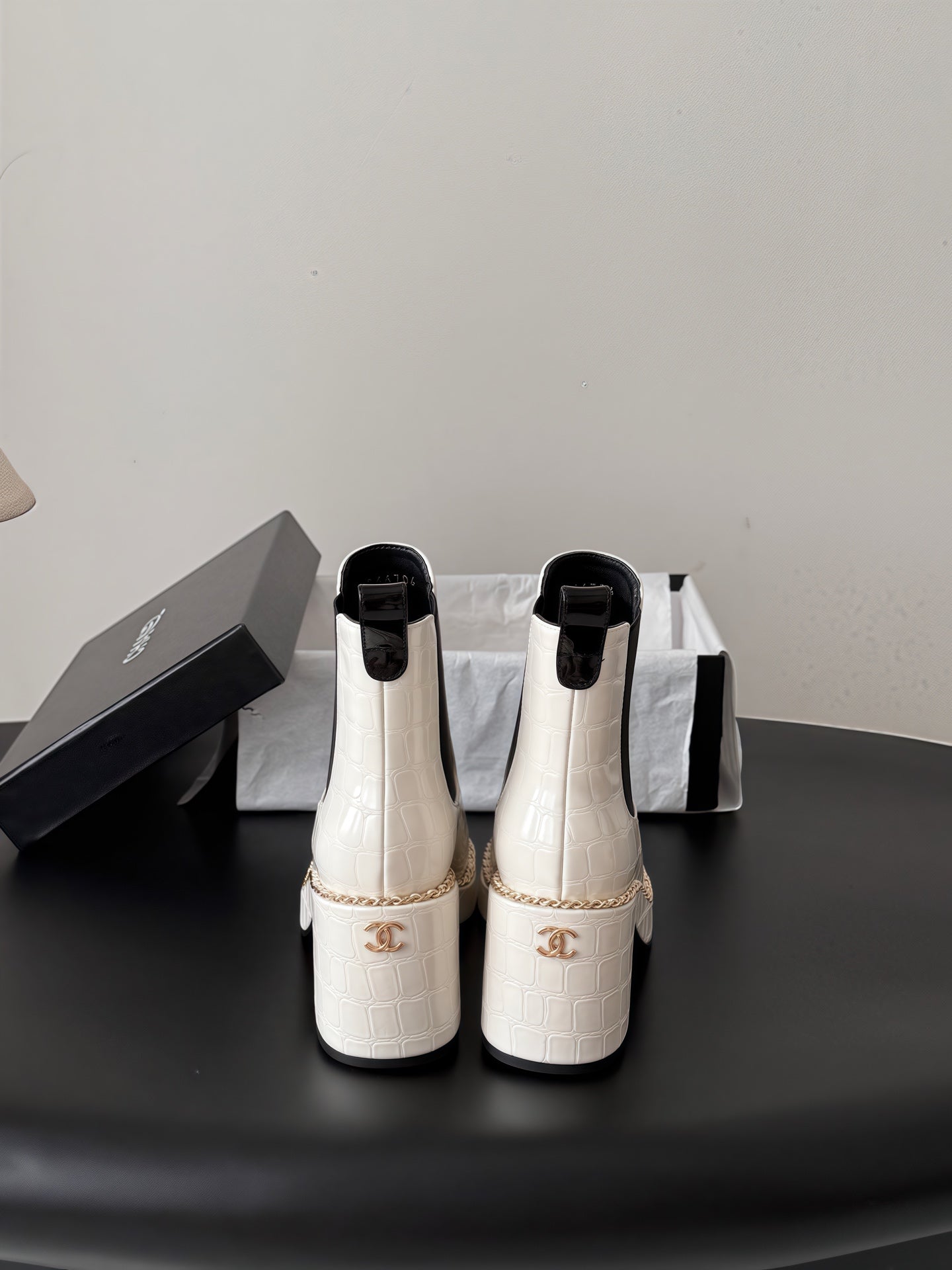 CHANEL 26S CHELSEA ANKLE BOOTS 70 MM  IN WHITE EMBOSSED AND BLACK PATENT