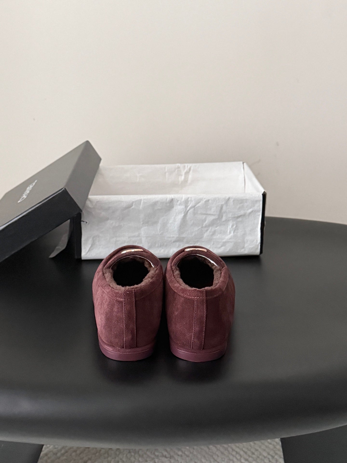 CHANEL 26S LOAFERS IN BURGUNDY SUEDE AND SHEARLING LINING