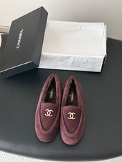 CHANEL 26S LOAFERS IN BURGUNDY SUEDE AND SHEARLING LINING