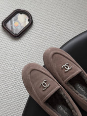 CHANEL 26S LOAFERS IN GREY SUEDE AND SHEARLING LINING