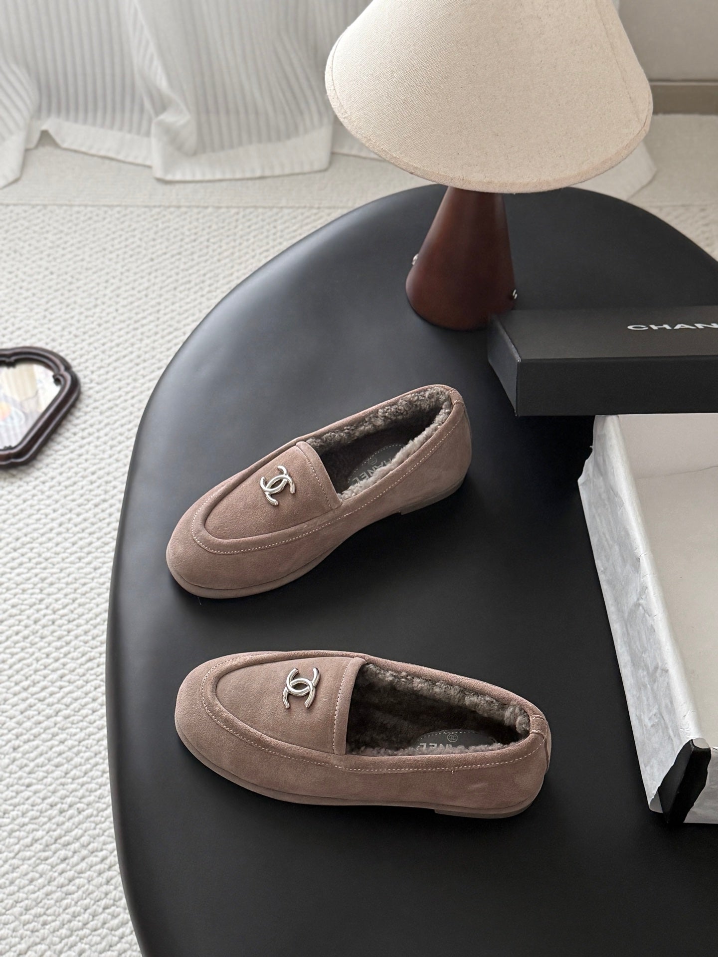CHANEL 26S LOAFERS IN GREY SUEDE AND SHEARLING LINING