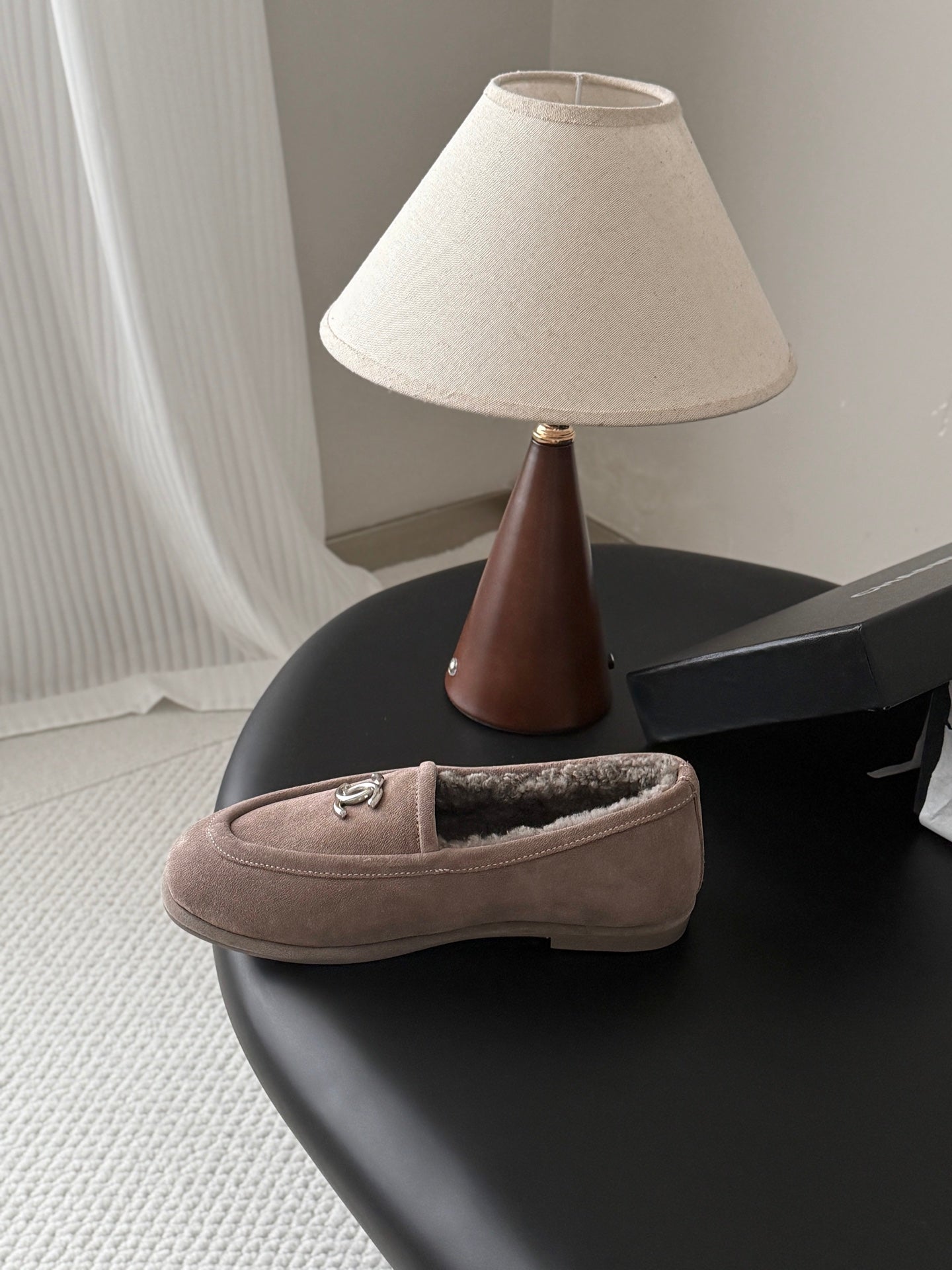 CHANEL 26S LOAFERS IN GREY SUEDE AND SHEARLING LINING