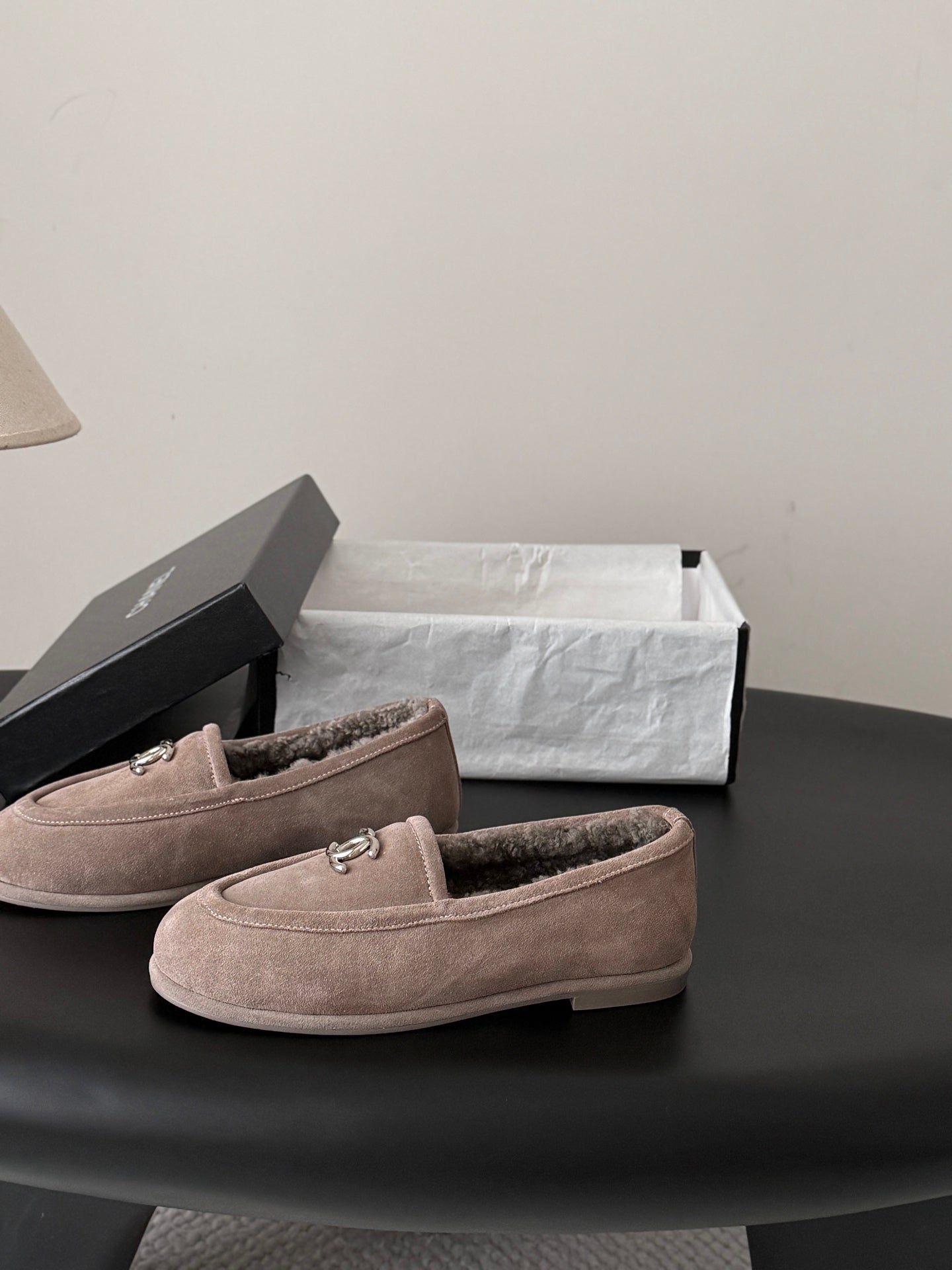 CHANEL 26S LOAFERS IN GREY SUEDE AND SHEARLING LINING