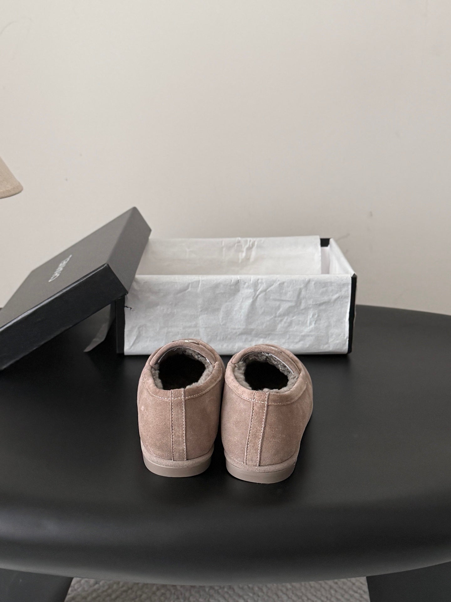 CHANEL 26S LOAFERS IN GREY SUEDE AND SHEARLING LINING