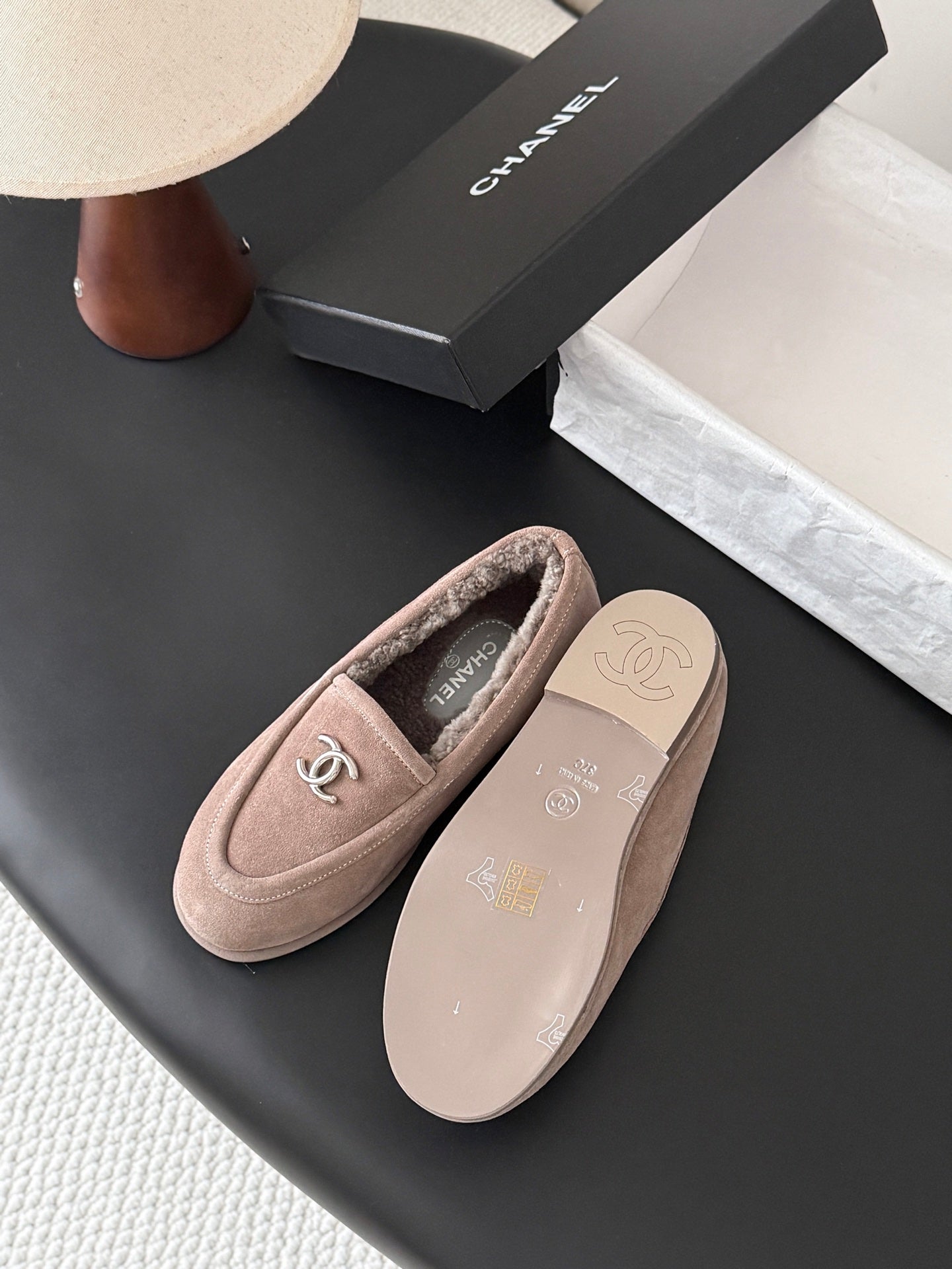 CHANEL 26S LOAFERS IN GREY SUEDE AND SHEARLING LINING