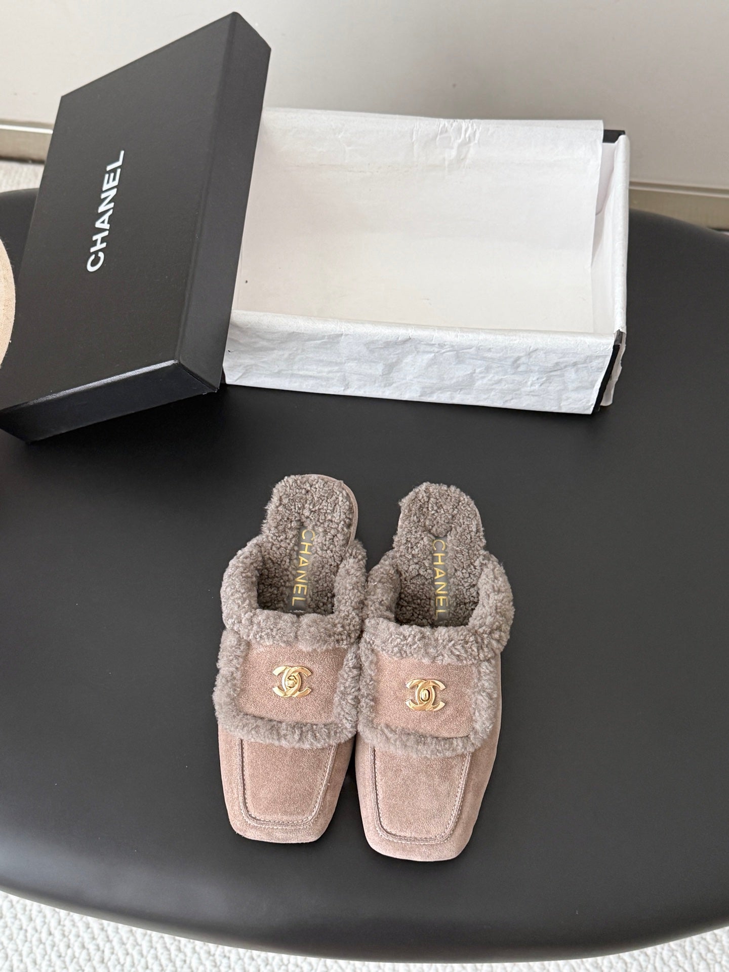 CHANEL 26S MULES IN GREY SHEARLING AND SUEDE