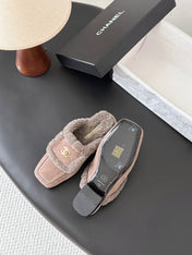 CHANEL 26S MULES IN GREY SHEARLING AND SUEDE