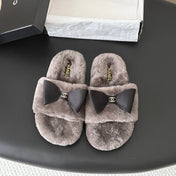 CHANEL 26S SLIDE SANDALS IN GRAY SHEARLING WITH BLACK BOW