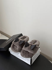 CHANEL 26S SLIDE SANDALS IN GRAY SHEARLING WITH BLACK BOW