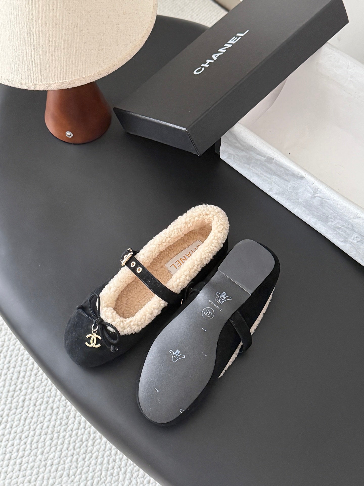 CHANEL 26S MARY JANE FLATS IN BLACK SUEDE AND SHEARLING