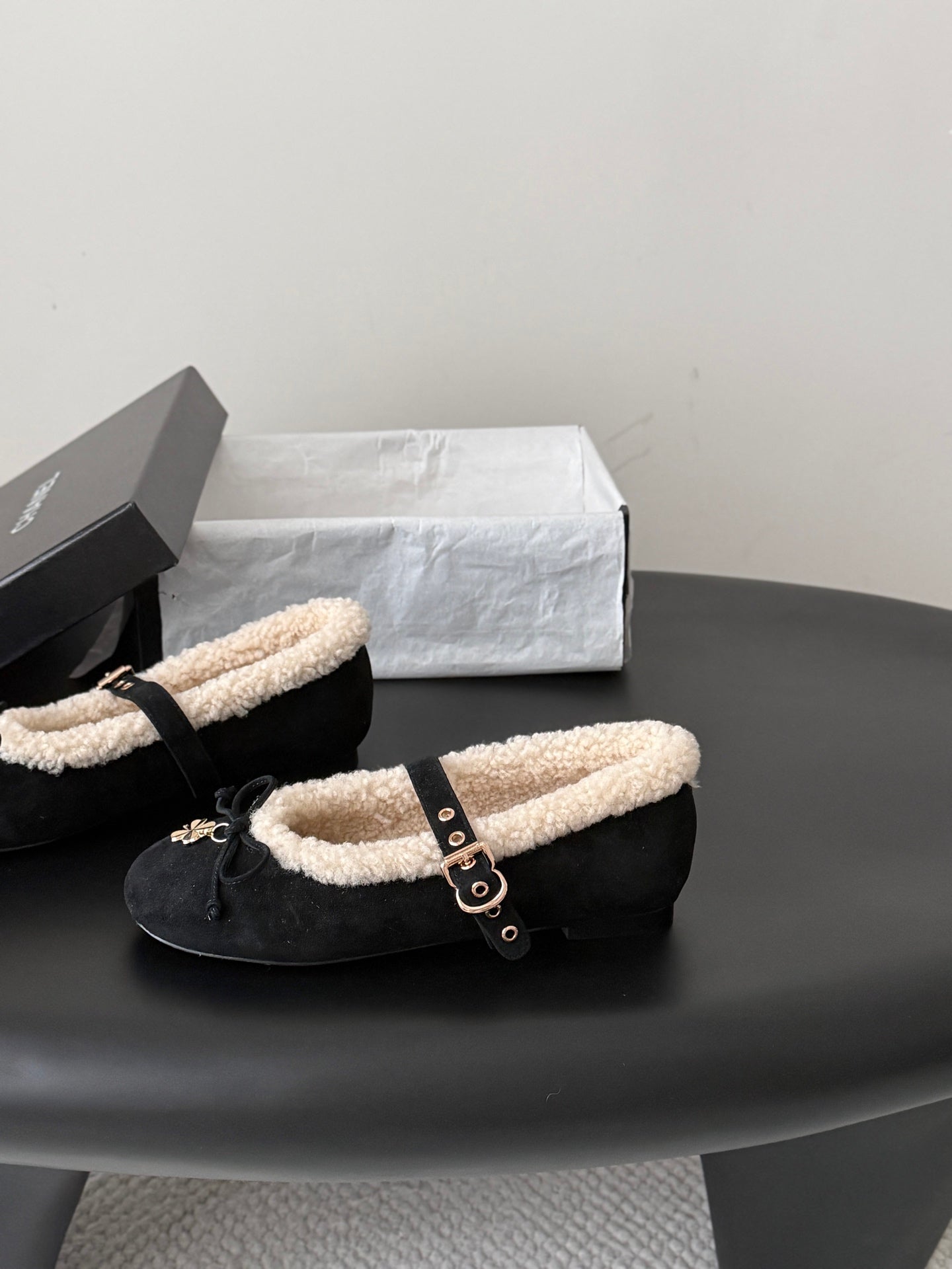 CHANEL 26S MARY JANE FLATS IN BLACK SUEDE AND SHEARLING