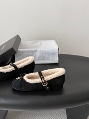 CHANEL 26S MARY JANE FLATS IN BLACK SUEDE AND SHEARLING