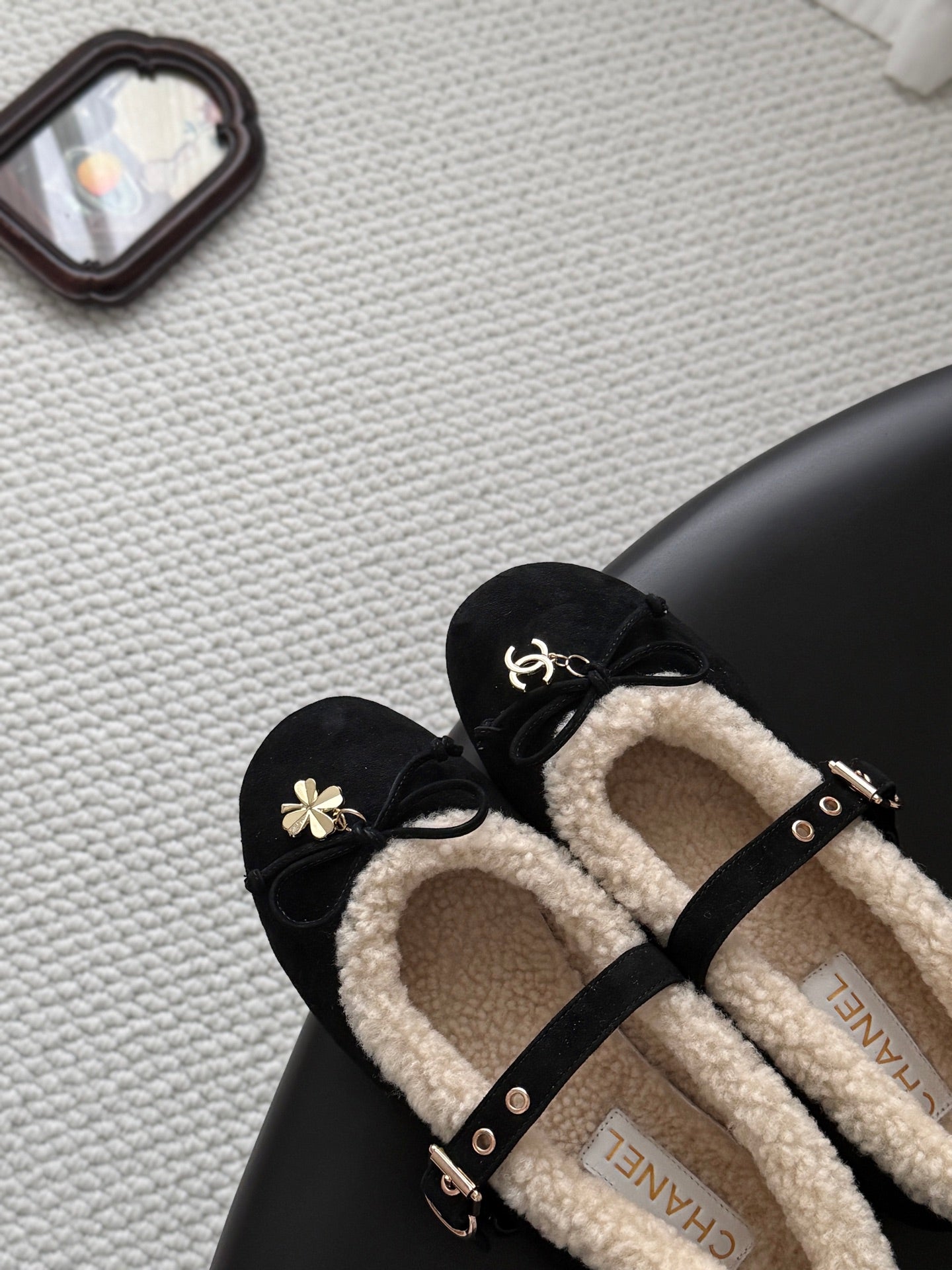 CHANEL 26S MARY JANE FLATS IN BLACK SUEDE AND SHEARLING