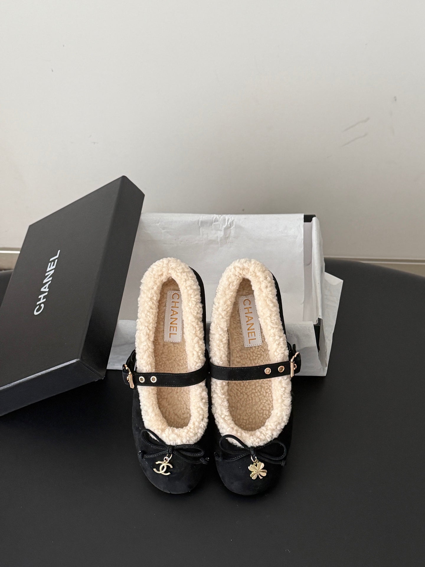 CHANEL 26S MARY JANE FLATS IN BLACK SUEDE AND SHEARLING