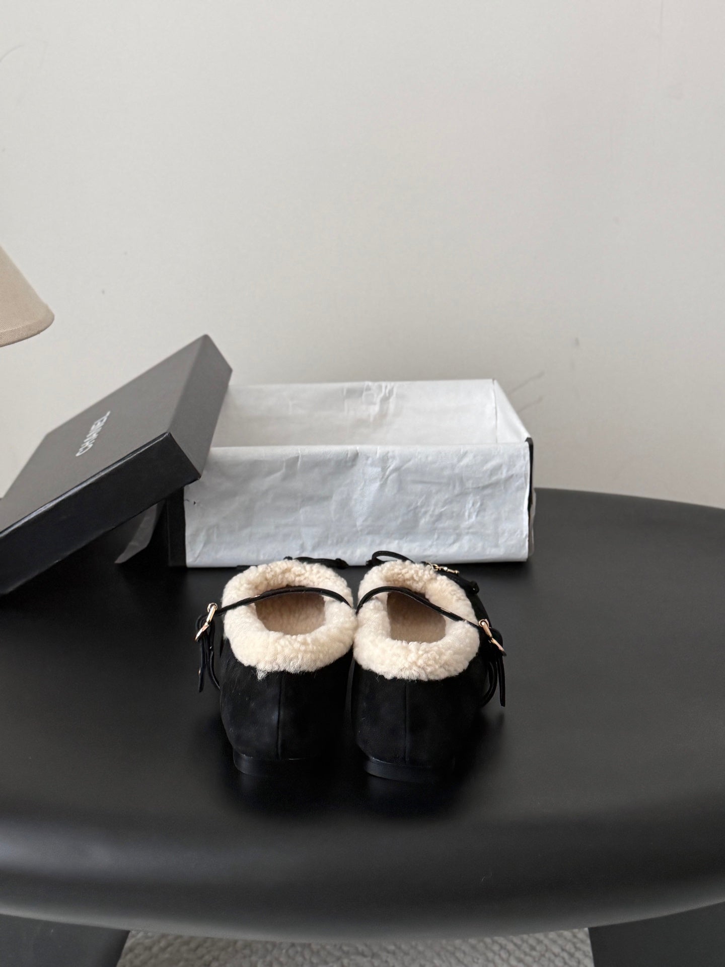 CHANEL 26S MARY JANE FLATS IN BLACK SUEDE AND SHEARLING