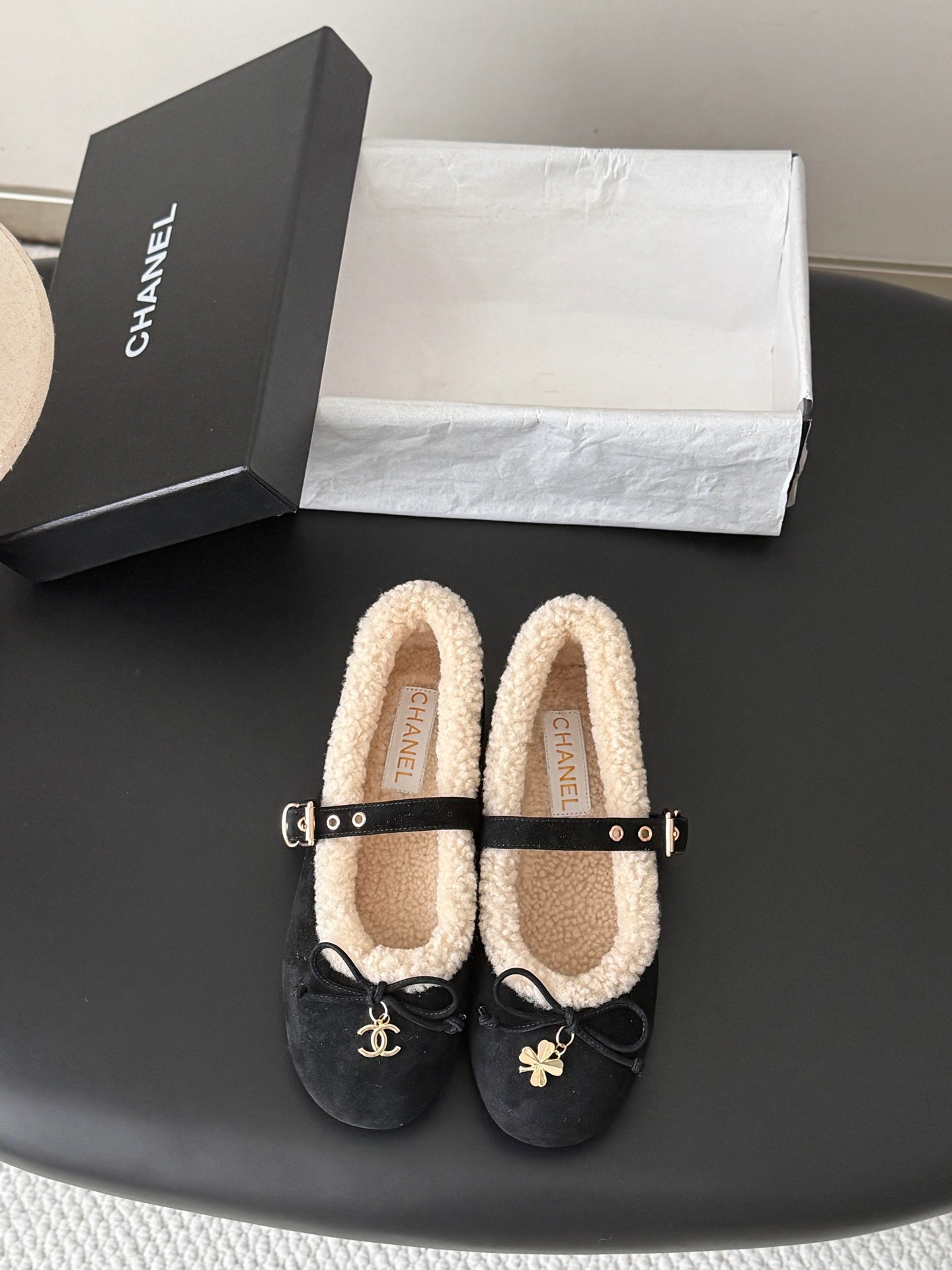 CHANEL 26S MARY JANE FLATS IN BLACK SUEDE AND SHEARLING