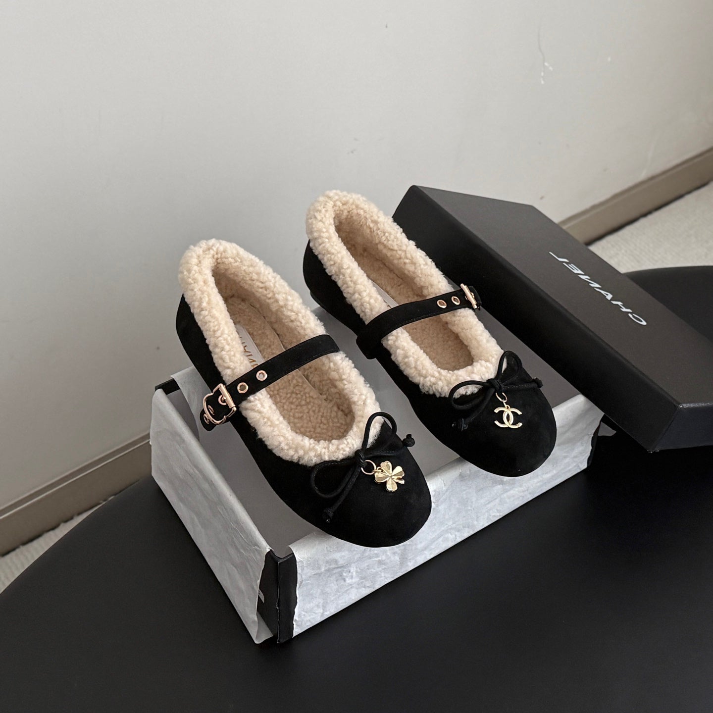CHANEL 26S MARY JANE FLATS IN BLACK SUEDE AND SHEARLING