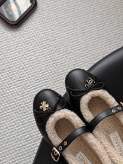 CHANEL 26S MARY JANE FLATS IN BLACK LAMBSKIN AND SHEARLING