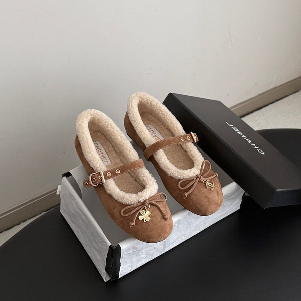 CHANEL 26S MARY JANE FLATS IN LIGHT BROWN SUEDE AND SHEARLING
