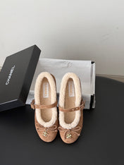 CHANEL 26S MARY JANE FLATS IN LIGHT BROWN SUEDE AND SHEARLING