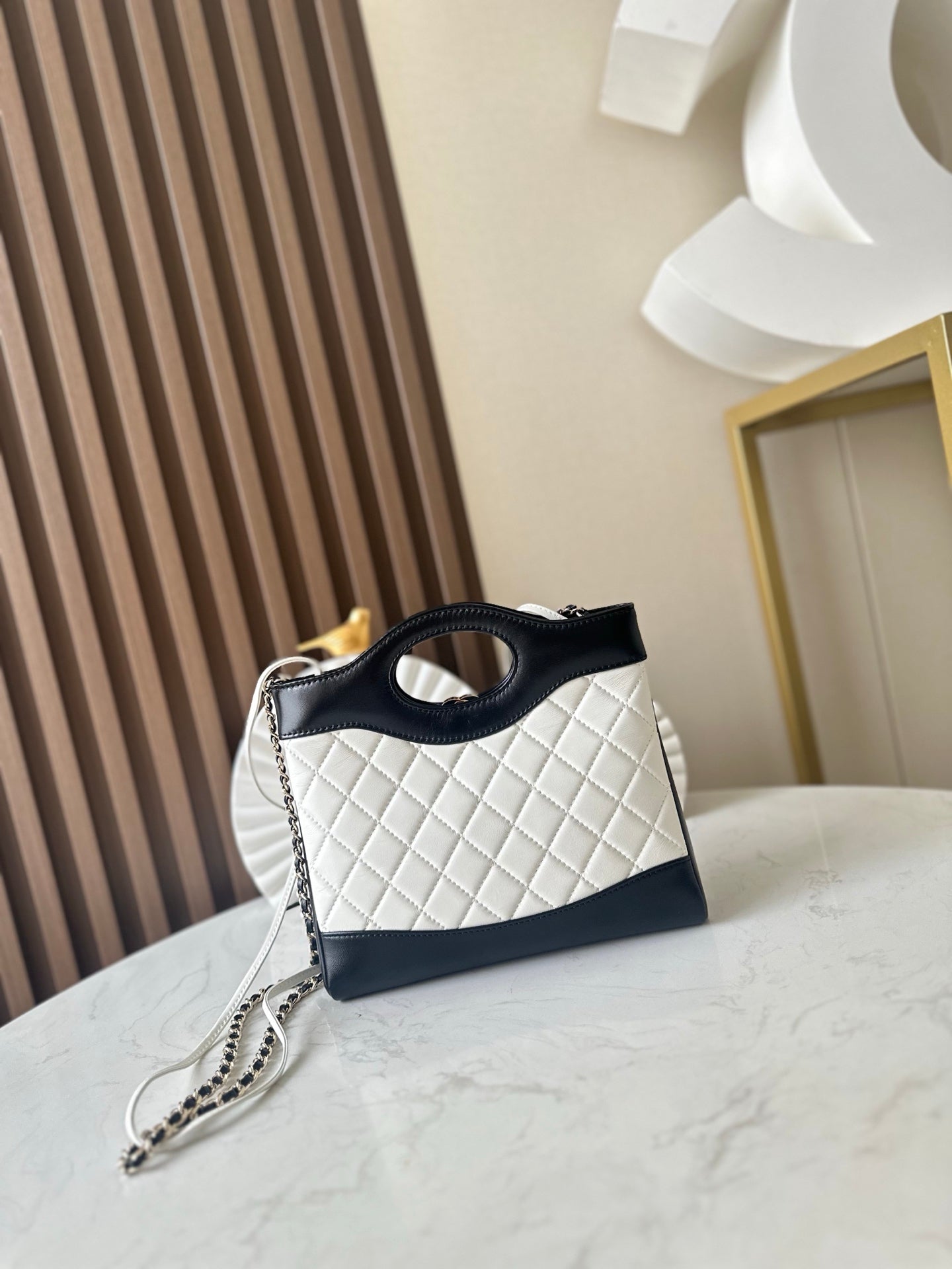 CHANEL 26S MINI SHOPPING BAG 24 IN WHITE AND BLACK LAMBSKIN