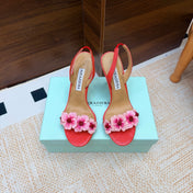 AQUAZZURA 26S HEELED SANDALS 100 MM IN CORAL RED RAFFIA TEXTURE