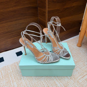 AQUAZZURA 26S LACE-UP HEEL SANDALS 100 MM IN SILVER CALFSKIN