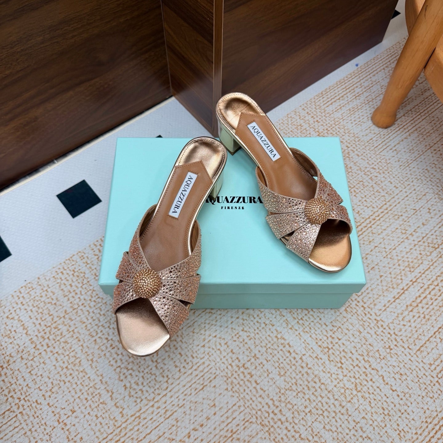 AQUAZZURA 26S CELESTE SLIDE SANDALS 55 MM IN COPPER GOLD CALFSKIN