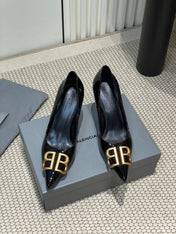 POINTED BB GOLD BUCKLE HIGH PUMPS 80MM IN BLACK PATENT CALFSKIN