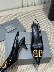 POINTED BB GOLD BUCKLE HIGH SLINGBACK 60MM IN BLACK PATENT CALFSKIN