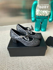 CC MARY JANES SHOES IN STEEL GRAY SATIN WITH BLACK RHINESTONES