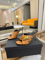 BALMAIN 25S HIGH HEEL SANDALS 95MM IN BROWN CALFSKIN