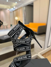 BALMAIN 25S HIGH HEELS LOGO RIBBON 95MM IN BLACK FULL SUEDE