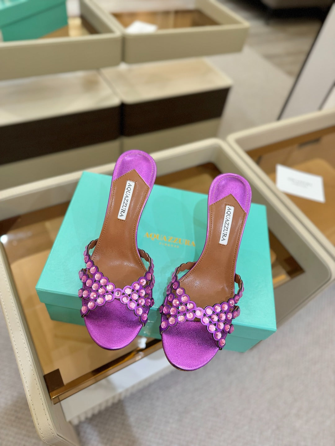 AQUAZZURA 26S TEQUILA HEELED SANDALS 85 MM IN PURPLE LAMBSKIN