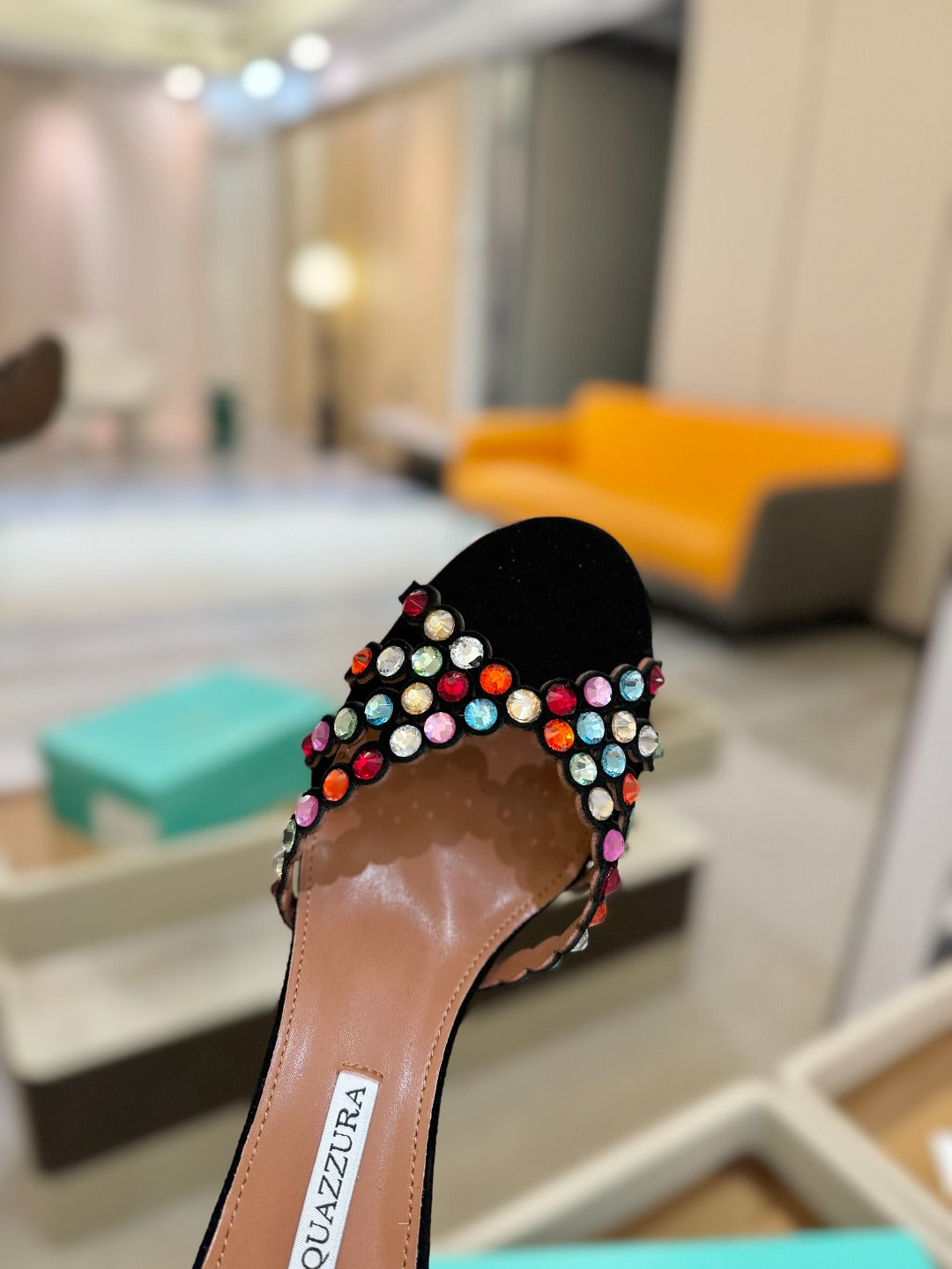 AQUAZZURA 26S TEQUILA HEELED SANDALS 85 MM IN BLACK SUEDE WITH MULTICOLOR CRYSTAL